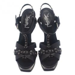 Pre Owned Saint Laurent Paris Black Studded Leather Tribute Platform Sandals Size 37.5