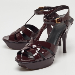 Pre Owned Saint Laurent Burgundy Patent Leather Tribute Sandals Size 39