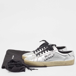 Pre Owned Saint Laurent Silver Leather Court Classic SL/06 Sneakers Size 37