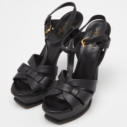 Saint Laurent Black Leather Tribute Ankle Strap Sandals Size 38