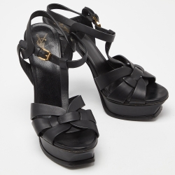 Saint Laurent Black Leather Tribute Ankle Strap Sandals Size 38