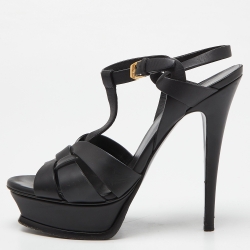 Saint Laurent Black Leather Tribute Ankle Strap Sandals Size 38