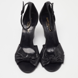 Saint Laurent Black Leather Ankle Strap Wedge Sandals Size 38