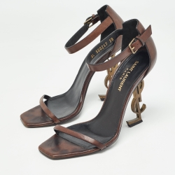 Pre Owned Saint Laurent Dark Brown Leather Opyum Sandals Size 38