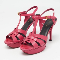 Pre Owned Saint Laurent Pink Leather Tribute Platform Sandals Size 39.5