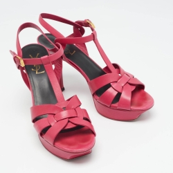 Pre Owned Saint Laurent Pink Leather Tribute Platform Sandals Size 39.5