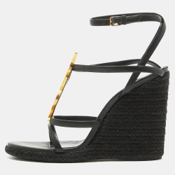 مملوكة مسبقًا Saint Laurent Black Leather Cassandra Espadrille Wedge Strappy Sandals Size 38