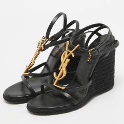 مملوكة مسبقًا Saint Laurent Black Leather Cassandra Espadrille Wedge Strappy Sandals Size 38