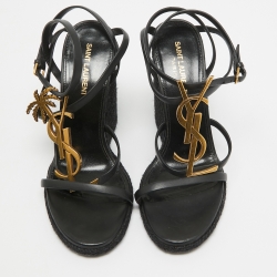 مملوكة مسبقًا Saint Laurent Black Leather Cassandra Espadrille Wedge Strappy Sandals Size 38