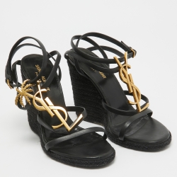 مملوكة مسبقًا Saint Laurent Black Leather Cassandra Espadrille Wedge Strappy Sandals Size 38
