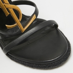 مملوكة مسبقًا Saint Laurent Black Leather Cassandra Espadrille Wedge Strappy Sandals Size 38
