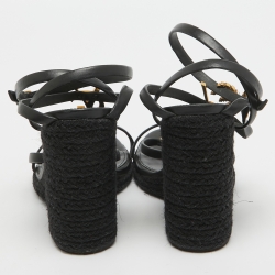 مملوكة مسبقًا Saint Laurent Black Leather Cassandra Espadrille Wedge Strappy Sandals Size 38