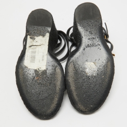 مملوكة مسبقًا Saint Laurent Black Leather Cassandra Espadrille Wedge Strappy Sandals Size 38
