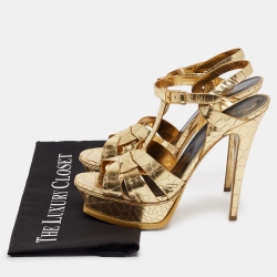 Pre Owned Saint Laurent Gold Embossed Crocodile Tribute Sandals Size 39