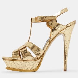 Pre Owned Saint Laurent Gold Embossed Crocodile Tribute Sandals Size 39