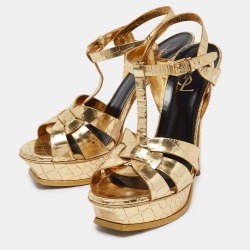Pre Owned Saint Laurent Gold Embossed Crocodile Tribute Sandals Size 39