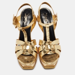 Pre Owned Saint Laurent Gold Embossed Crocodile Tribute Sandals Size 39