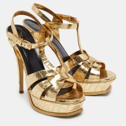 Pre Owned Saint Laurent Gold Embossed Crocodile Tribute Sandals Size 39