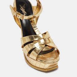 Pre Owned Saint Laurent Gold Embossed Crocodile Tribute Sandals Size 39