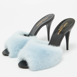 Saint Laurent Blue Mink Fur Roy Slide Sandals Size 39