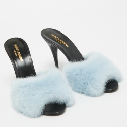 Saint Laurent Blue Mink Fur Roy Slide Sandals Size 39