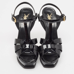 مملوكة مسبقًا Saint Laurent Paris Black Patent Leather Tribute Platform Ankle Strap Sandals Size 38