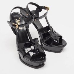 مملوكة مسبقًا Saint Laurent Paris Black Patent Leather Tribute Platform Ankle Strap Sandals Size 38
