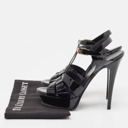 مملوكة مسبقًا Saint Laurent Paris Black Patent Leather Tribute Platform Ankle Strap Sandals Size 38