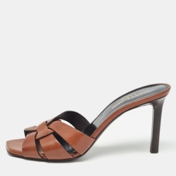 Pre Owned Saint Laurent Brown Leather Tribute Slide Sandals Size 38.5