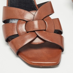 Pre Owned Saint Laurent Brown Leather Tribute Slide Sandals Size 38.5