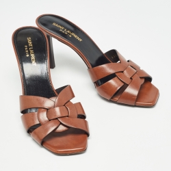 Pre Owned Saint Laurent Brown Leather Tribute Slide Sandals Size 38.5
