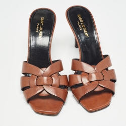 Pre Owned Saint Laurent Brown Leather Tribute Slide Sandals Size 38.5
