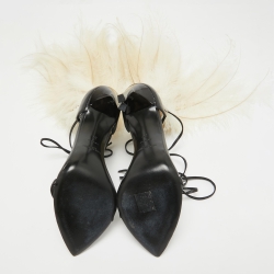 Saint Laurent Paris Black/White Leather and Feather Iris Ankle Wrap Sandals Size 39