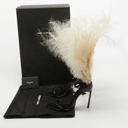 Saint Laurent Paris Black/White Leather and Feather Iris Ankle Wrap Sandals Size 39