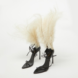 Saint Laurent Paris Black/White Leather and Feather Iris Ankle Wrap Sandals Size 39