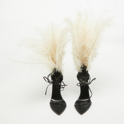 Saint Laurent Paris Black/White Leather and Feather Iris Ankle Wrap Sandals Size 39