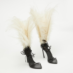 Saint Laurent Paris Black/White Leather and Feather Iris Ankle Wrap Sandals Size 39