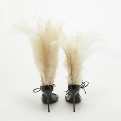 Saint Laurent Paris Black/White Leather and Feather Iris Ankle Wrap Sandals Size 39