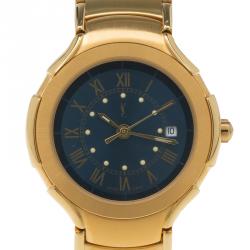 Pre Owned Saint Laurent Paris Blue Gold-Plated Stainless Steel Classic Women's Wristwatch 28MM