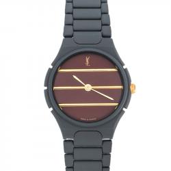 Pre Owned Saint Laurent Paris Red Grey PVD Coated Stainless Steel Classic Women's Wristwatch 24 mm