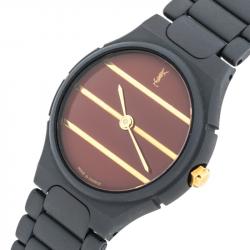 Pre Owned Saint Laurent Paris Red Grey PVD Coated Stainless Steel Classic Women's Wristwatch 24 mm