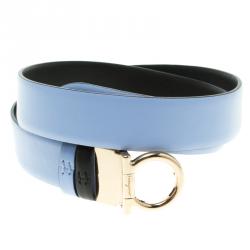 Pre Owned Salvatore Ferragamo Sky Blue/Black Leather Reversible Single Gancini Belt 85 CM