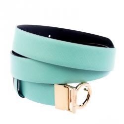 Pre Owned Salvatore Ferragamo Mint Green/Black Leather Reversible Single Gancini Belt 100 CM