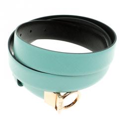Pre Owned Salvatore Ferragamo Mint Green/Black Leather Reversible Single Gancini Belt 100 CM