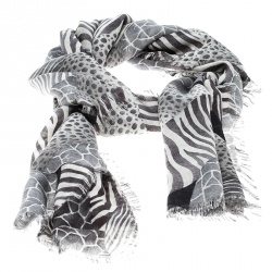 Pre Owned Salvatore Ferragamo Monochrome Animal Pattern Silk Cashmere Frayed Trim Scarf