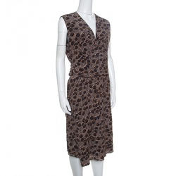 Pre Owned Salvatore Ferragamo Peacock Feather Printed Silk Draped Sleeveless Dress L