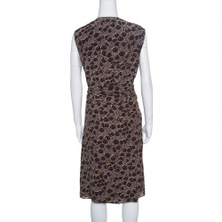Pre Owned Salvatore Ferragamo Peacock Feather Printed Silk Draped Sleeveless Dress L