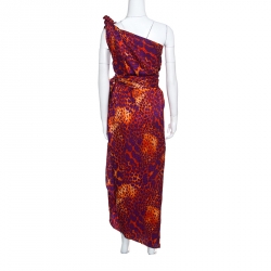 Pre Owned Salvatore Ferragamo Clementine Animal Printed Silk One Shoulder Dress M