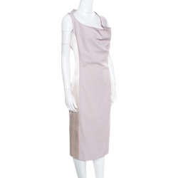 Pre Owned Salvatore Ferragamo Beige Wool and Cotton Paneled Twist Front Detail Shift Dress L