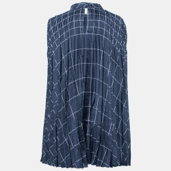 Pre Owned Salvatore Ferragamo Navy Blue Printed Pleated Sleeveless Top M